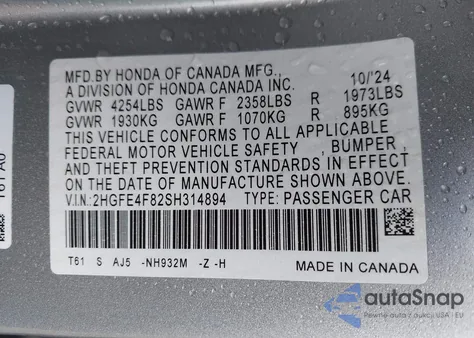 2025 Honda Civic Hybrid Sport/Sport Touring from USA, damaged, VIN 2HGFE4F82SH314894